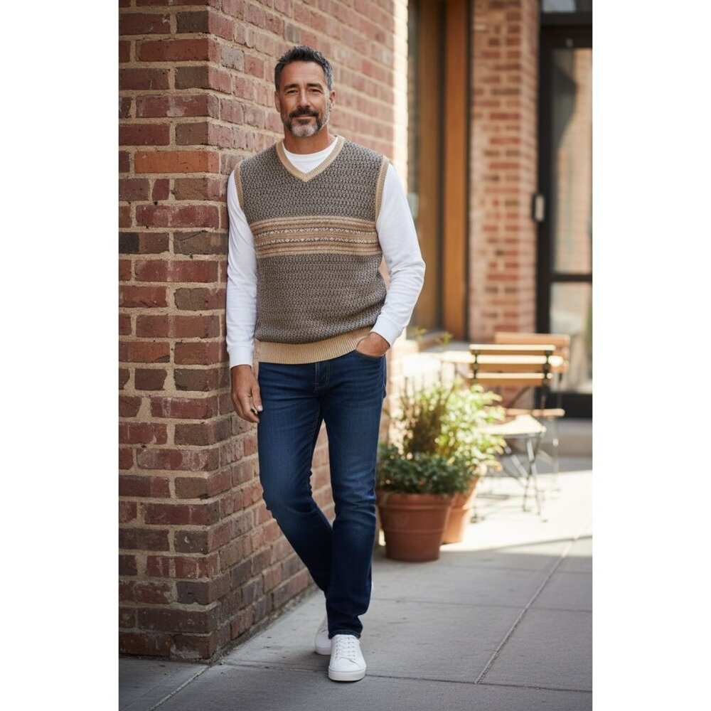 Joseph Abboud Mens V-Neck Knit Sweater Vest L Beige/Brown Pattern 100% Cotton